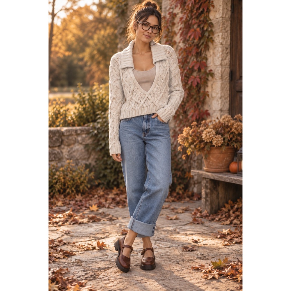 Free People Cable Knit Sweater Womens M Cream Cropped V-Neck Boho Cozy Fall